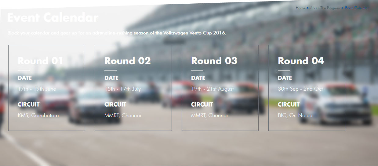 Volkswagen Vento Cup 2016 Events Calendar