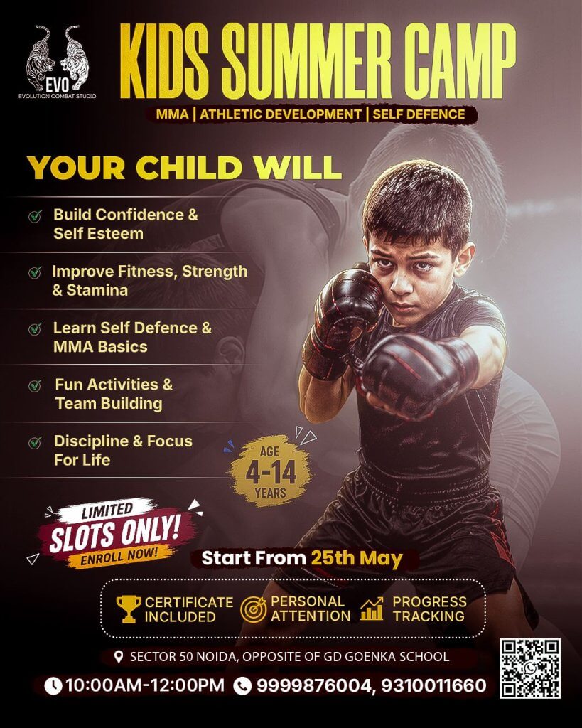 Evolution Combat Studio Kids MMA Summer Camp 2026 Sector 50 Noida – Ages 4–14, May 25–June 20, Self-Defense & Fitness Training