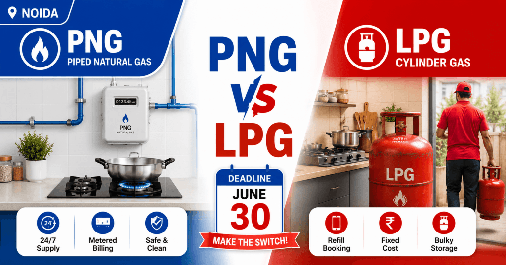 Split-screen comparison of PNG piped gas (left) vs LPG cylinders (right) showing June 30 2026 deadline for Noida residents switching from LPG to PNG connection