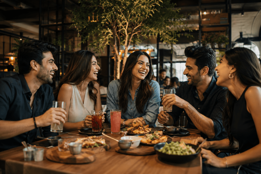 Celebrate Friendship Day in Noida with friends Laughing Over a Shared Feast at your favourite restaurant playing live music in Noida